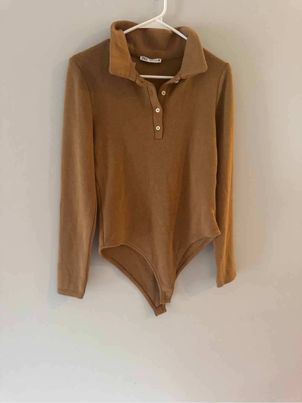 Zara Women’s Camel Brown Long-Sleeve Polo Bodysuit